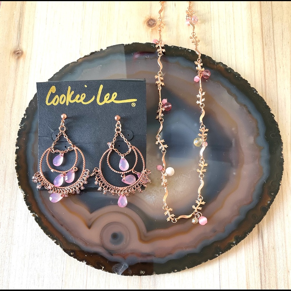 Cookie lee chandelier earrings Long necklace set rose gold NWT
